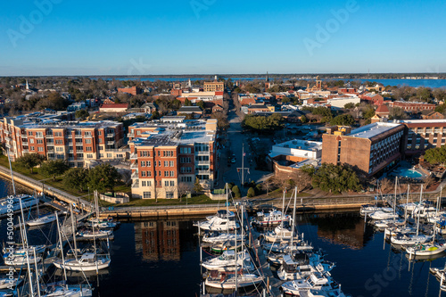 Aerial View of Downtown New Bern North Carolina looking North from the Marina