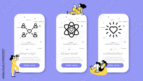 Relationships set icon. Love, hearth, like, friendship. Good relationship between people. UI phone app screens with people. Vector line icon for Business and Advertising
