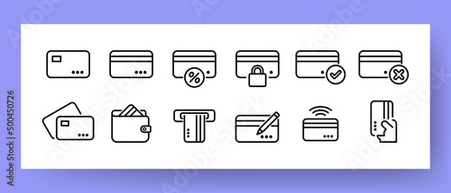 Banking cards set icon. Front and back card, successful and unsuccessful payment, blocked card, wallet card, ATM card, contactless payment and more. Vector line icon for Business and Advertising