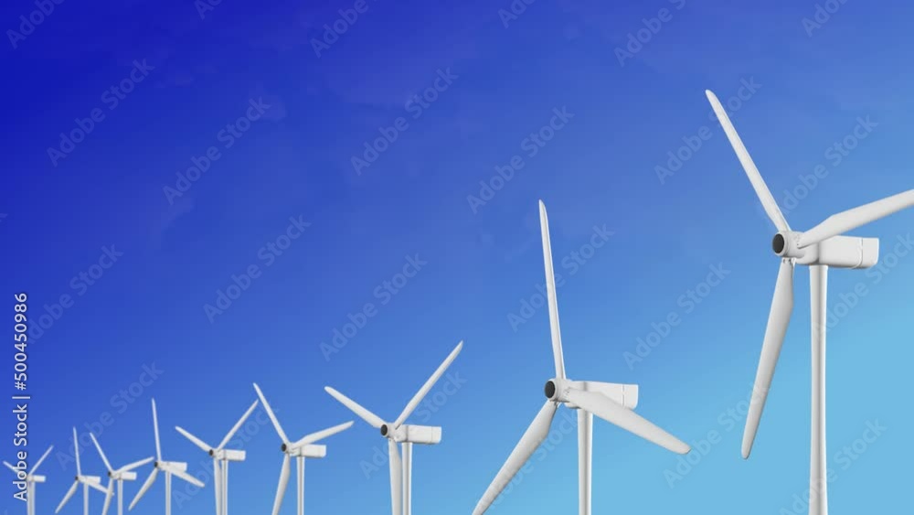 Wind Turbines in a farm, generating renewable electrical energy in environmentally friendly power plant, with spinning propellers and rotating blades. power industry with innovation ecology technology Wind Turbines in a farm, generating renewable electrical energy in environmentally friendly power plant, with spinning propellers and rotating blades. power industry with innovation ecology technology