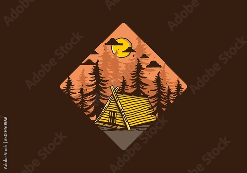 Wood cabin in the jungle illustration drawing