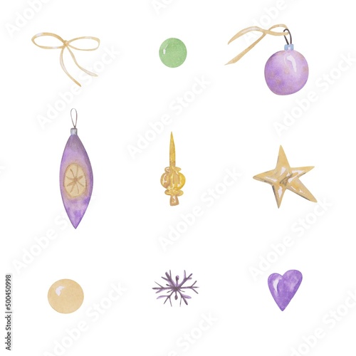 Christmas decoration set isolated on a white background. 9 clipart of Christmas tree decor. Golden bow, New year ball, gold star, snowflake, purple color heart, topper illustration.