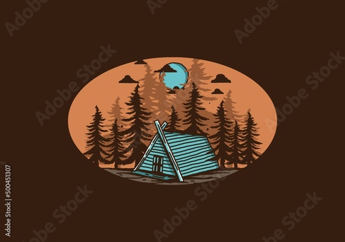 Wood cabin in the jungle illustration drawing