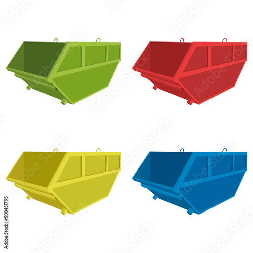Four large containers for garbage or other, in different colors. Vector graphic.