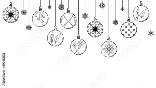 Black Doodle Outline Simple Line Abstract Maerry Christmas Xmas Balls With Snowflakes Holiday Decorations Happy New Year Background Vector Design Style