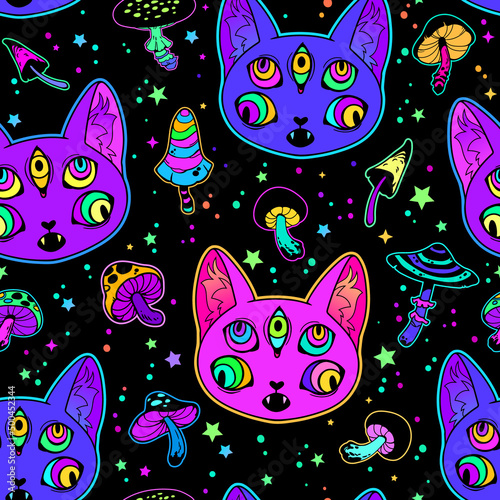 seamless illustration of bright psychedelic cat