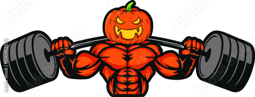 pumpkin Halloween vector icon holding barbell