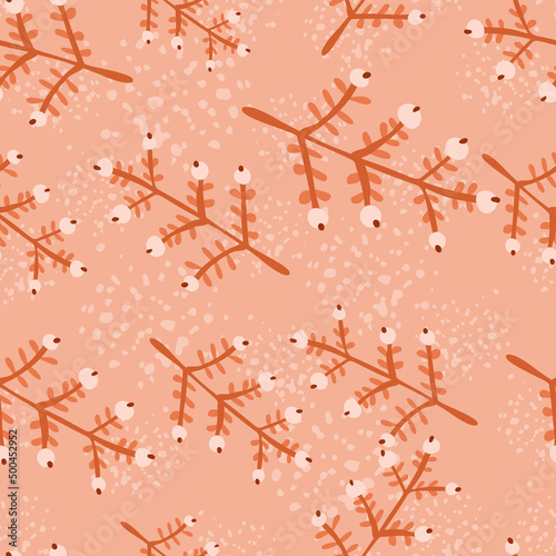 Hand drawn a sprig with berries seamless pattern. Branch with leaves and berry wallpaper.