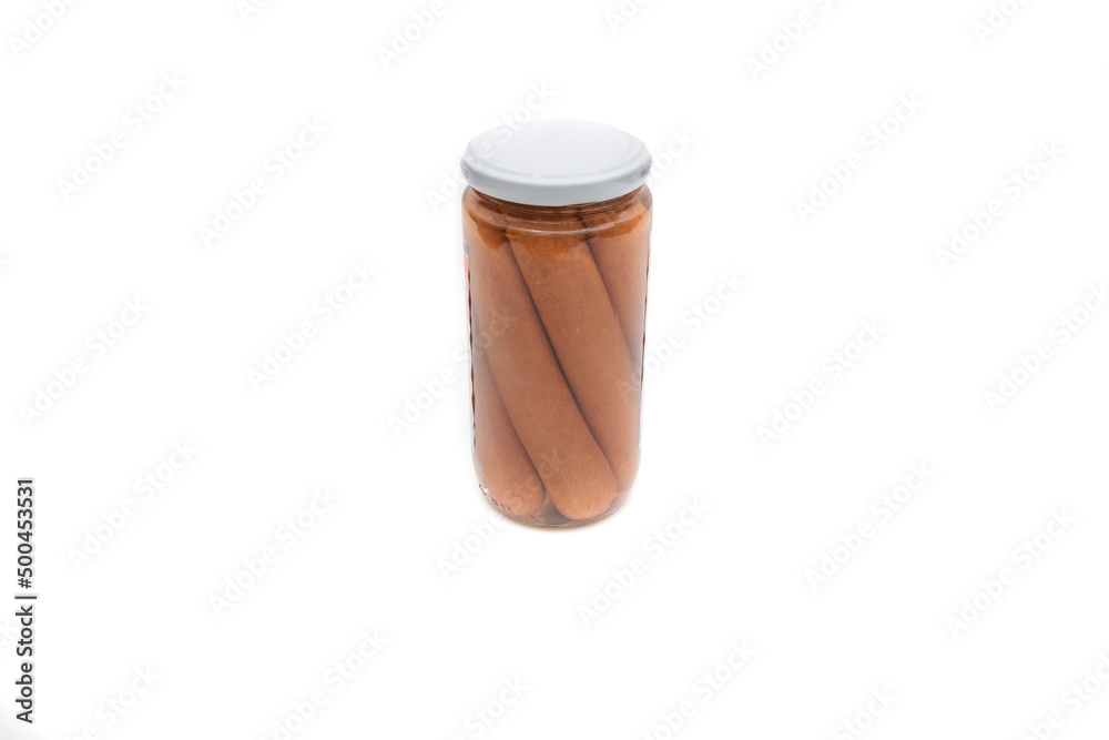 Glass jar with sausages, Bockwurst. Isolated on white background. Bockwurst is a sausage from German cuisine.