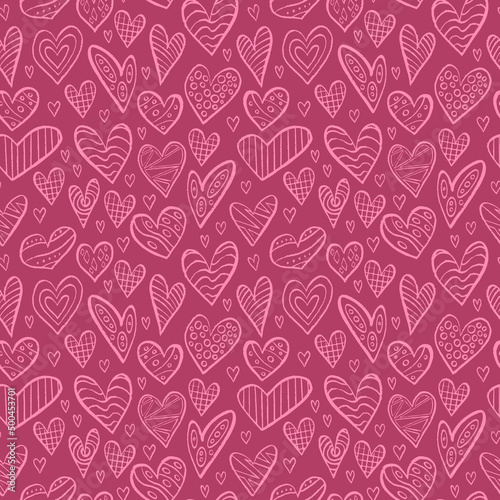 Seamless pattern with hand drawn heart shapes on pink background. Vector illustration.