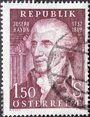 Austria - circa 1959: a postage stamp from Austria, showing a portrait of the composer and musician Joseph Haydn. 150th Memorial Anniversary