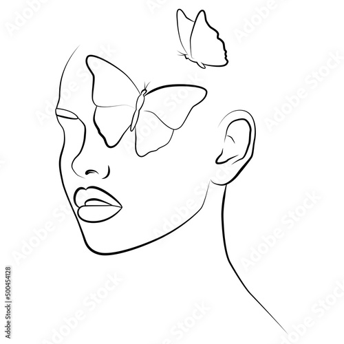 A face with a butterfly. Continuous face line, face painting, fashion concept, minimalistic female beauty. Beautiful vector illustration. A modern portrait.