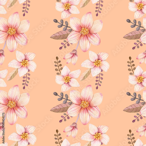 vertical watercolor wild rose flower pattern, pink background