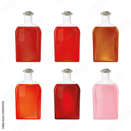 Glass bottles with liquid, transparent containers for different products