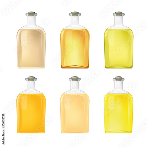 Glass bottles with liquid, transparent containers for different products