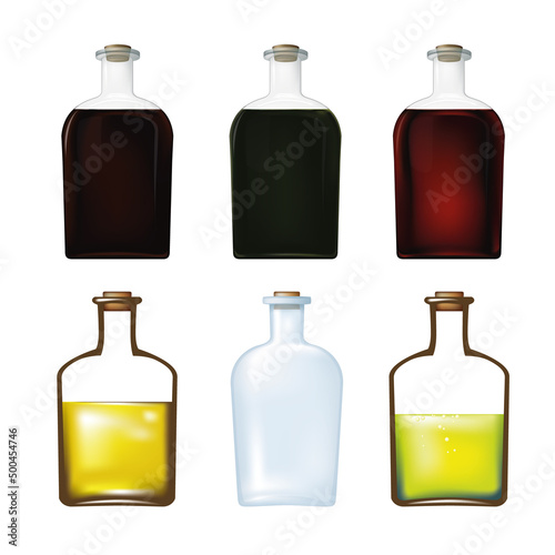 Glass bottles with liquid, transparent containers for different products