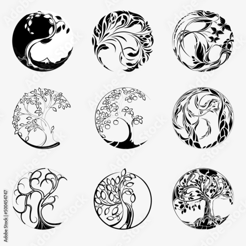 Set of stylized ornaments, symbols of trees