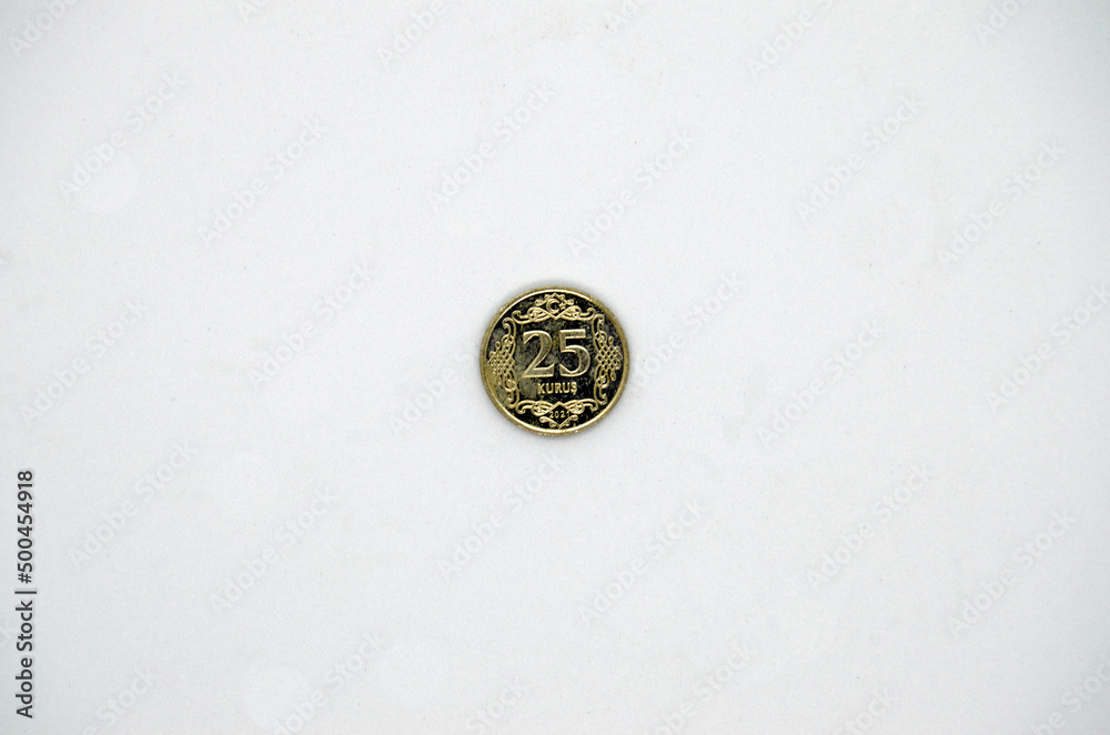 Isolated front side of quarter Turkish Lira (tl - 25 kuruş) on white background Isolated front side of quarter Turkish Lira (tl - 25 kuruş) on white background