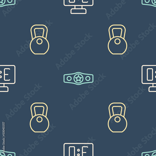 Set line Sport mechanical scoreboard, Weight and Boxing belt on seamless pattern. Vector