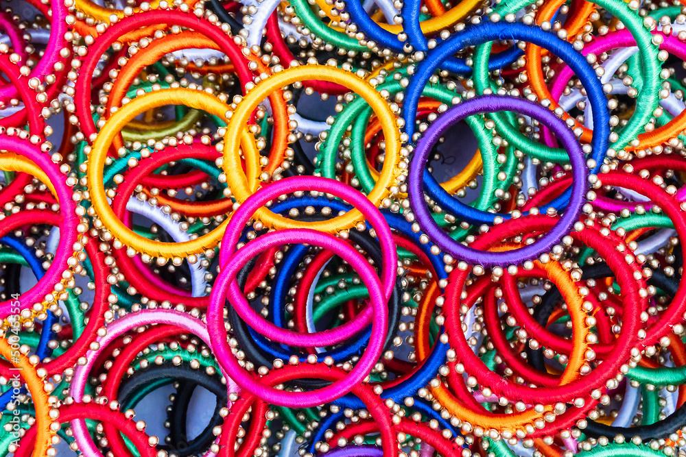 Colorful Indian bangles, handicrafts, on display during the Handicraft Fair in Kolkata - the biggest handicrafts fair in Asia.