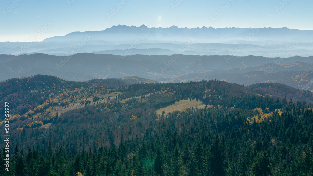 Panorama of the Tatra Mountains from the observation tower in Goriec	