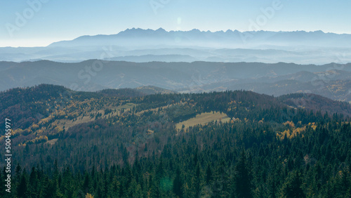 Panorama of the Tatra Mountains from the observation tower in Goriec	