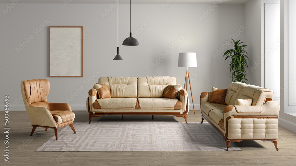 Obraz premium 3D rendering of modern living room .modern furniture set.
