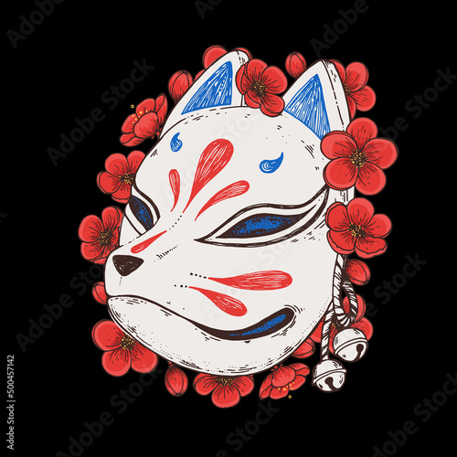 Billede på lærred Kitsune mask with camelia flower hand drawn vector illustration