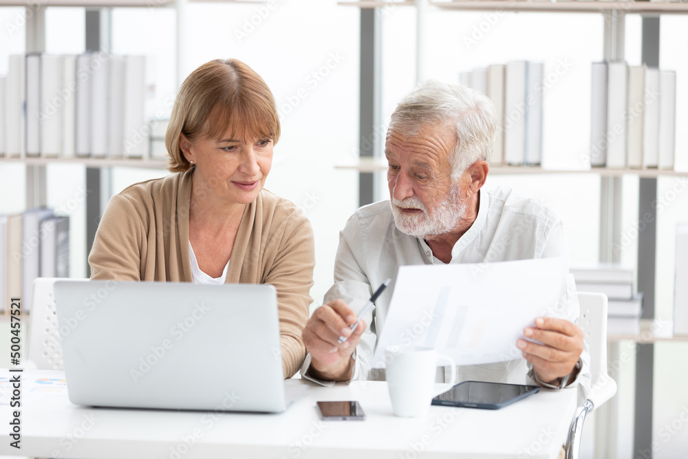 senior businesswoman and businessman talking and working together with laptop computer senior businesswoman and businessman talking and working together with laptop computer