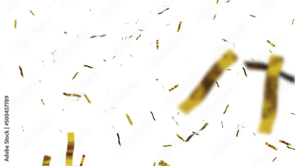 Slow motion. Seamless loop. Gold confetti explosions pack on white background with green screen. Colorful ribbons flying. Concept: party, birthday, surprise, invitation e-card. Confetti dropping 4k 