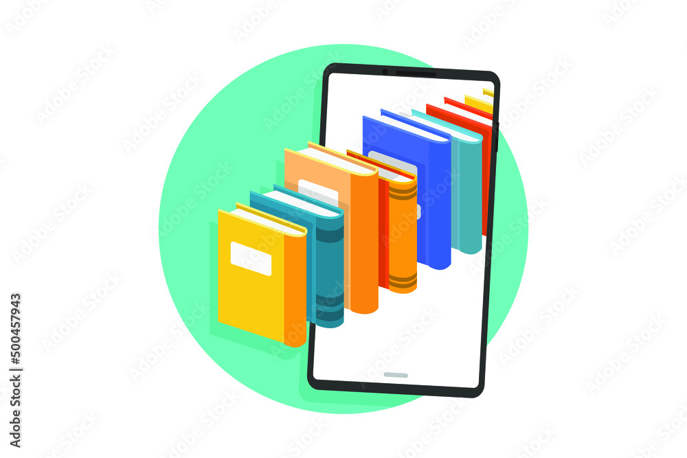 Smartphone with a row of colorful books on the background of an aquamarine circle. Online library concept. Flat design style illustration.

