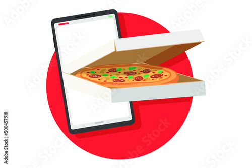 Smartphone with a pack of pizza on a red circle background. consept of pizza delivering.Flat design style illustration.