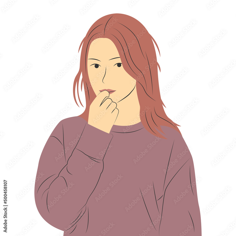 Portrait of beautiful female character holding her mouth in flat cartoon style Portrait of beautiful female character holding her mouth in flat cartoon style