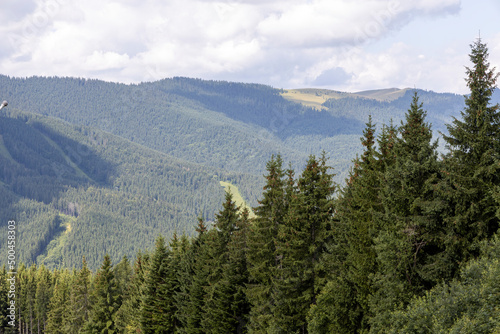 Panorama of mountains in the Ukrainian Carpathians on a summer sunny day.