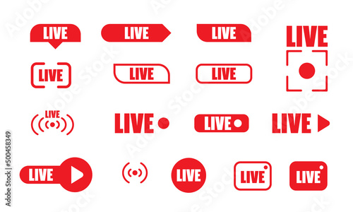 Large set of red buttons for streaming, live broadcast, blog, stream. Modern technologies for the design of video content, news feeds. Flat icons. Vector illustration