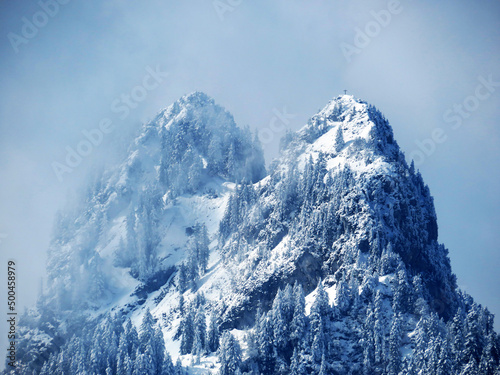 Fairytale alpine winter atmosphere and snow-covered coniferous trees on the mountain peak Vorder Goggeien (1630 m), Nesslau - Obertoggenburg valley, Switzerland (Schweiz)
