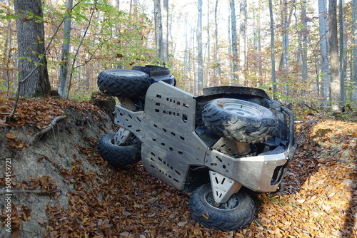 ATV 4x4 crash. Crash during fast ride on a quad motorbike. Extreme sport motion.Extreme sport motion