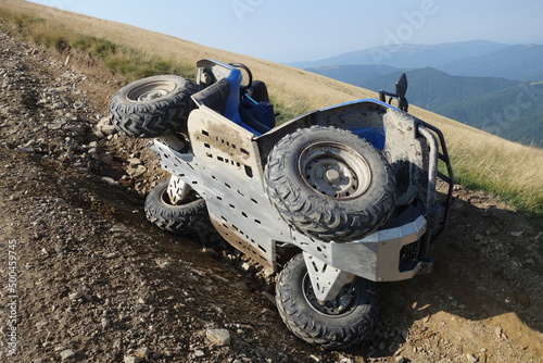 ATV 4x4 crash. Crash during fast ride on a quad motorbike. Extreme sport motion.Extreme sport motion