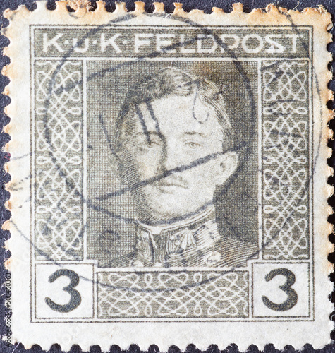 Austria - circa 1917: a postage stamp from Austria, showing a portrait of Emperor Karl I on an army postal service stamp - Feldpost -