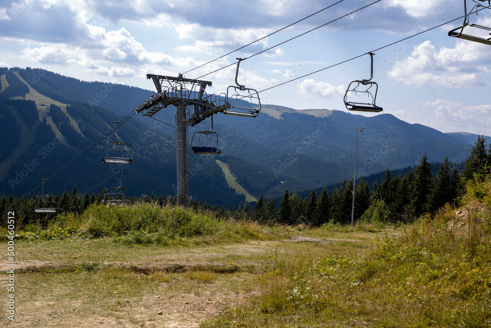 Panorama of mountains in the Ukrainian Carpathians on a summer day.