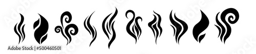 Aroma steam icons. Warm vapour and cooking smell abstract symbols, aroma water and oil odor. Vector tea and coffee smell black logos set