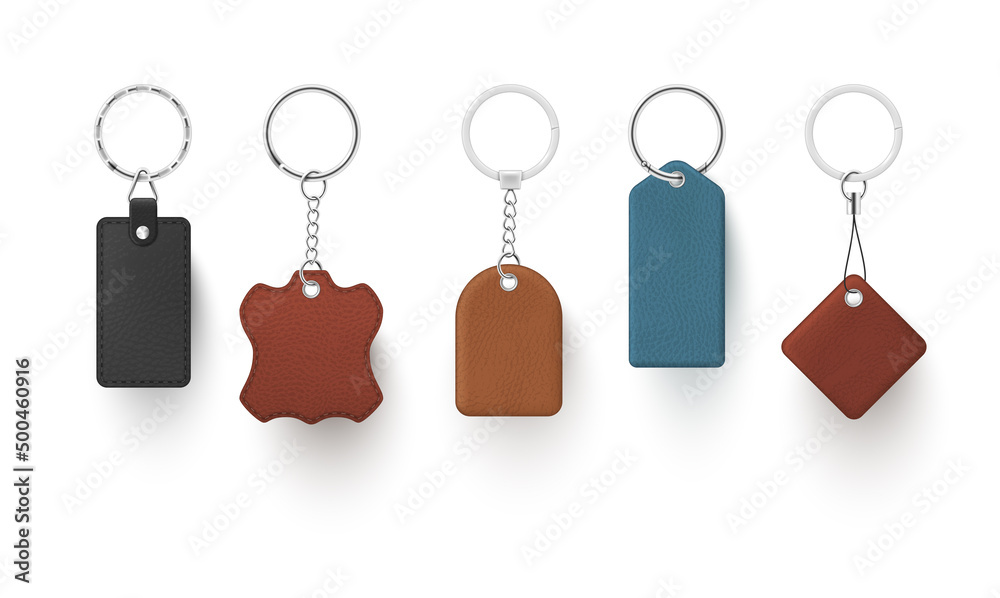 Collection realistic leather keychain with ring and chain vector illustration holder trinket for key - obrazy, fototapety, plakaty 