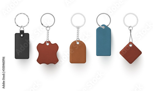 Collection realistic leather keychain with ring and chain vector illustration holder trinket for key