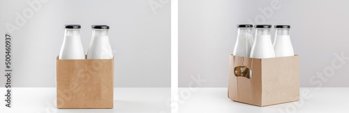 Fotografia Packaging for dairy products, glass bottles for milk on a white background