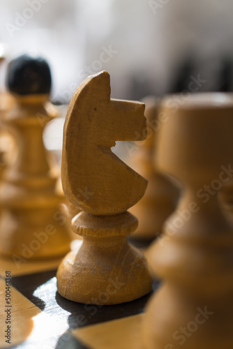 Chess board with figures. The figure of a horse in focus.