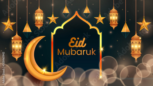 Realistic eid al-fitr illustration arabic elegant luxury ornamental islamic background with islamic decorative golden moon lantern star Premium Vector