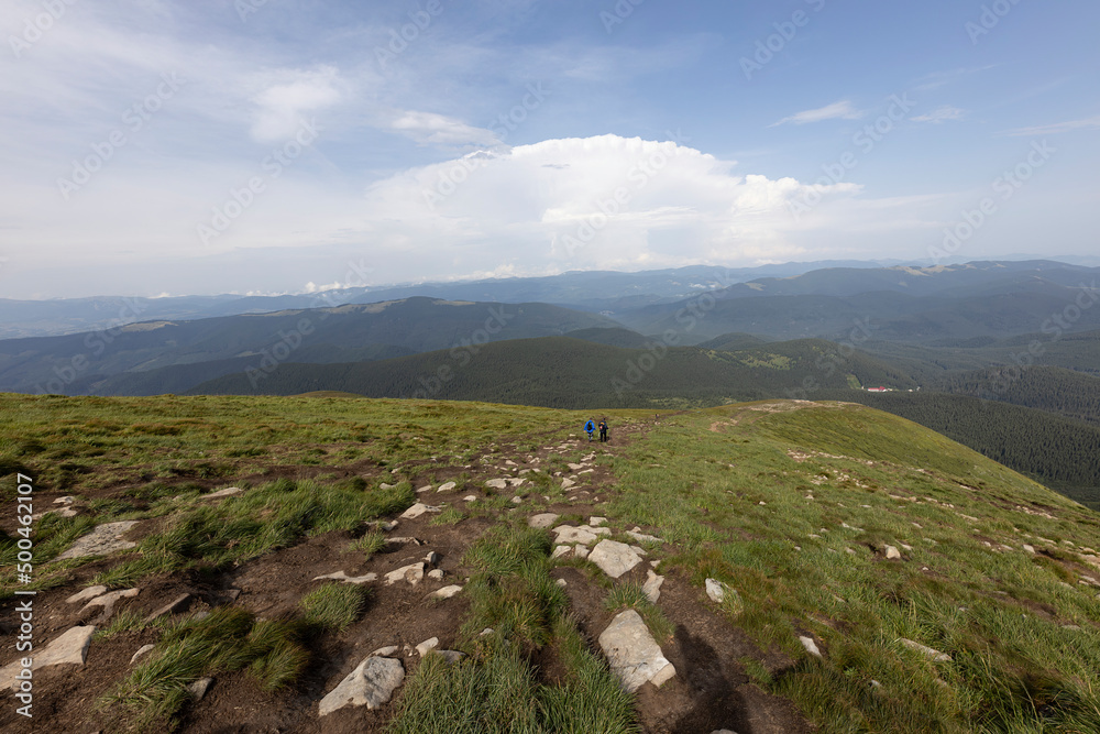 Panorama of mountains in the Ukrainian Carpathians on a summer day.