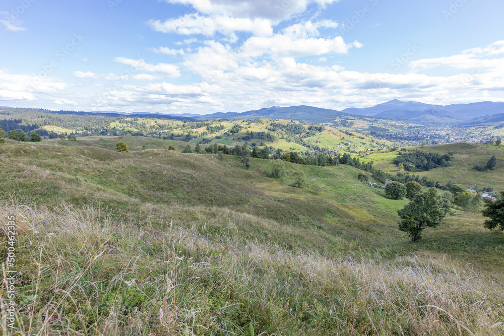 Panorama of mountains in the Ukrainian Carpathians on a summer day.