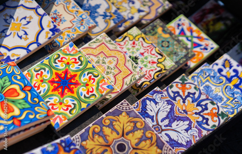 Multicolored Portugal azulejo souvenir tiles background photo