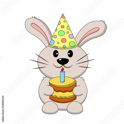 Cute cartoon Rabbit with celebrations cake and hat. Draw illustration in color
